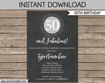 50th Birthday Invitation Template - Chalkboard & Silver Glitter - INSTANT DOWNLOAD with EDITABLE text - you personalize at home