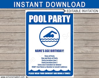 Plantilla de invitación a fiesta en la piscina - Invitación a fiesta de cumpleaños imprimible - Personalizado - Tema de verano de natación - DESCARGA DE TEXTO EDITABLE