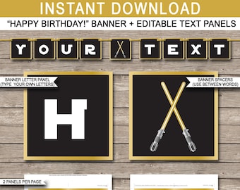 スターウォーズ バースデーバナー：編集可能なテキスト、ブラック＆ゴールド（即時ダウンロード）