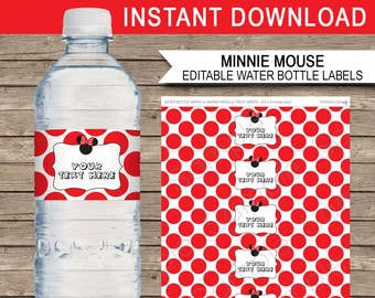 Etiquetas rojas de Minnie Mouse para botellas de agua: Decoración editable para fiestas de cumpleaños (descarga digital)