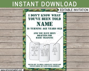 Army Invitation Template - Printable Green Camo Theme Birthday Party Invite - Military Boot Camp Training - Custom - EDITABLE TEXT DOWNLOAD