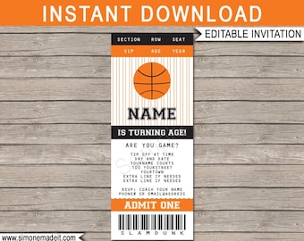 Basketball Ticket Invitation Template - Birthday Party - INSTANT DOWNLOAD with EDITABLE text - you personalize at home