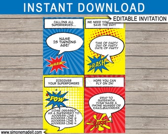 Superhero Birthday Invitation Template: Comic Book Party (Editable Text Download)