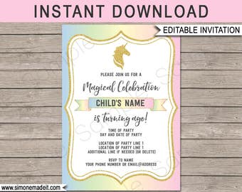 Unicorn Invitation - Unicorn Birthday Party Invite - Printable Template - INSTANT DOWNLOAD with EDITABLE text - personalize at home