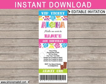 Luau Party Ticket Invitation Template - Luau Birthday Party Invite - INSTANT DOWNLOAD with EDITABLE text - you personalize at home