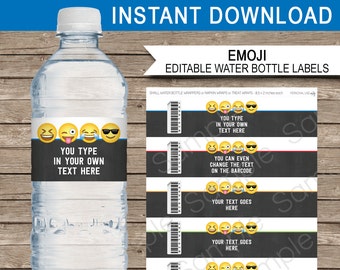 Boys Emoji Water Bottle Labels Template - Printable Emoji Theme Birthday Party Decorations - Wrappers - INSTANT DOWNLOAD - EDITABLE text