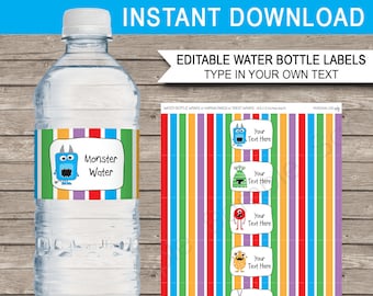 Monster Party Water Bottle Labels: Editable Birthday Decorations (Digital Download)