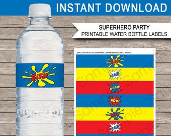 Superhero Water Bottle Labels Template - Printable Birthday Party Decorations - Wrappers - Super Hero Theme - Comic Strip - INSTANT DOWNLOAD