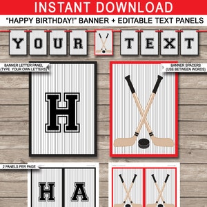 Hockey Party Banner Template - Custom Happy Birthday Banner - Red & Black - Hockey Birthday Decorations - INSTANT DOWNLOAD - EDITABLE text