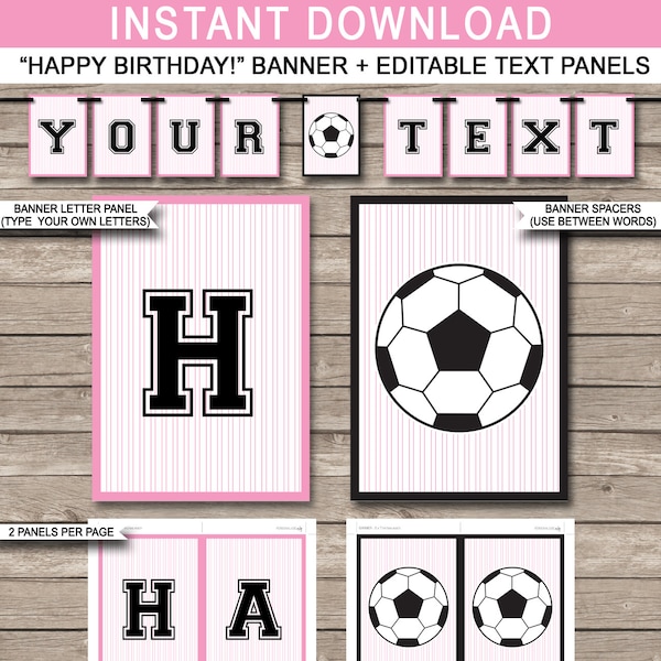 Girls Soccer Party Banner - Happy Birthday Banner - Custom Banner - Pink Soccer Party Decorations - INSTANT DOWNLOAD with EDITABLE text