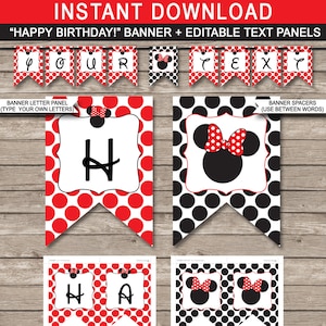 May include: Printable banner for a birthday party. The banner features a red and black polka dot pattern with a black silhouette of a mouse head with red ears and a red bow. The banner says "Happy Birthday!" and includes editable text panels.