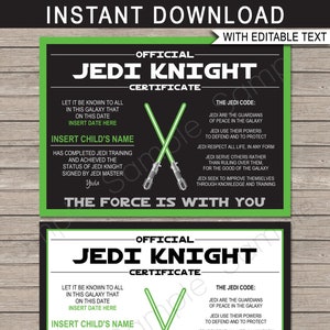 Star Wars Certificates Birthday Party Favor Printable Template - Jedi Knight Certificate - INSTANT DOWNLOAD with EDITABLE text - you edit