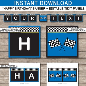 Blue Race Car Birthday Banner - Happy Birthday Banner - Custom Banner - Party Decorations - Bunting - INSTANT DOWNLOAD with EDITABLE text