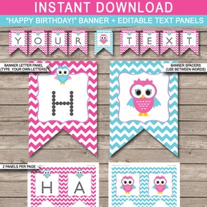Owl Banner Template - Printable Happy Birthday Party Decorations - Baby Shower - Pink & Aqua - INSTANT DOWNLOAD with EDITABLE text