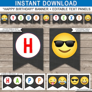 Emoji Birthday Banner Template - Printable Boys Theme Birthday Party Decorations - Custom School Class Classroom - EDITABLE TEXT DOWNLOAD