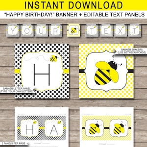 Bee Birthday Banner Template: Editable Printable Bunting (Instant Download)