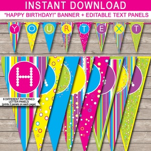 Op de afbeelding: Printbare "Happy Birthday!"-banner met kleurrijke, gepatroneerde letters. De banner bevat acht verschillende letterpanelen met verschillende patronen, waaronder strepen, stippen en cirkels. De banner is ontworpen voor een verjaardagsfeest.