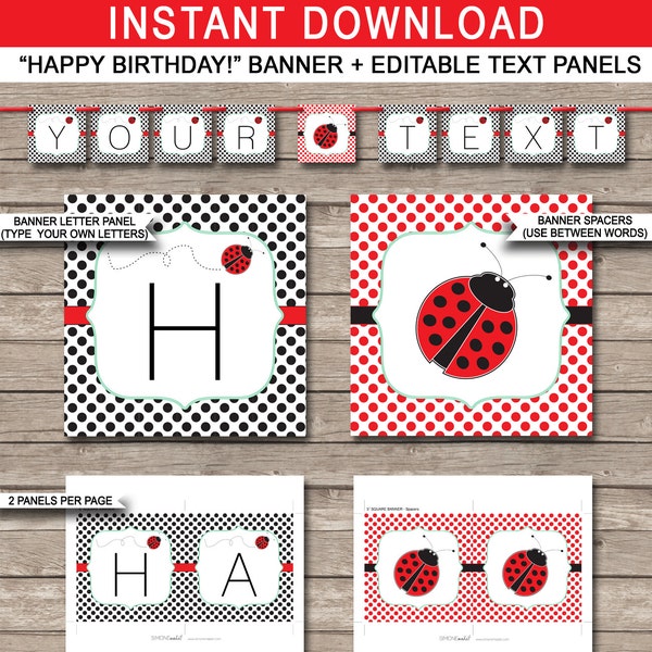 Ladybug Party Banner - Happy Birthday Banner - Custom Banner - Ladybird or Ladybug Party Decorations - INSTANT DOWNLOAD with EDITABLE text