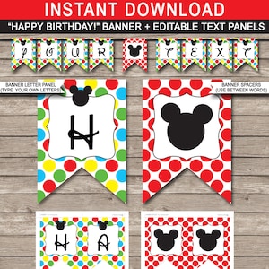 Mickey Mouse Party Banner - Happy Birthday Banner - Custom Banner - Party Decorations - Bunting - INSTANT DOWNLOAD with EDITABLE text