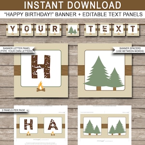 Camping Party Banner - Happy Birthday Banner - Custom Banner - Party Decorations - Bunting - INSTANT DOWNLOAD with EDITABLE text