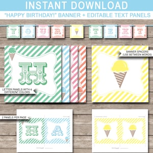Ice Cream Party Banner - Happy Birthday Banner - Custom Banner - Ice Cream Party Decorations - Bunting - INSTANT DOWNLOAD with EDITABLE text