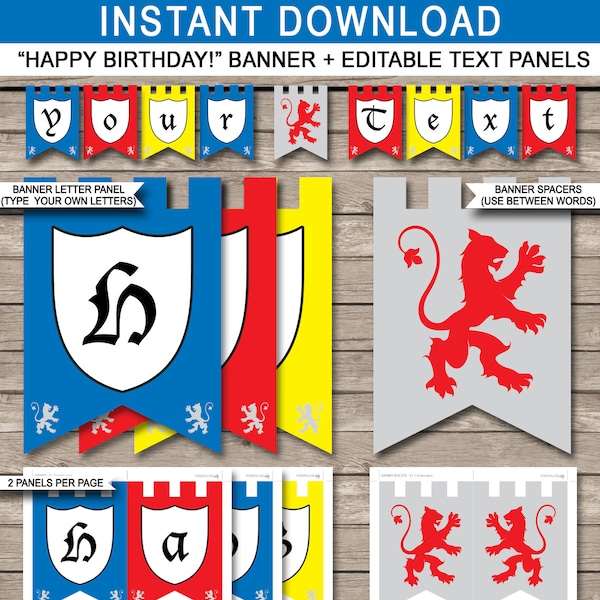 Medieval Knight Party Banner Template - Custom Happy Birthday Banner - Party Decorations - INSTANT DOWNLOAD with EDITABLE text