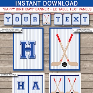 Hockey Birthday Banner Template: Red & Blue Pennant (Editable Text Download)