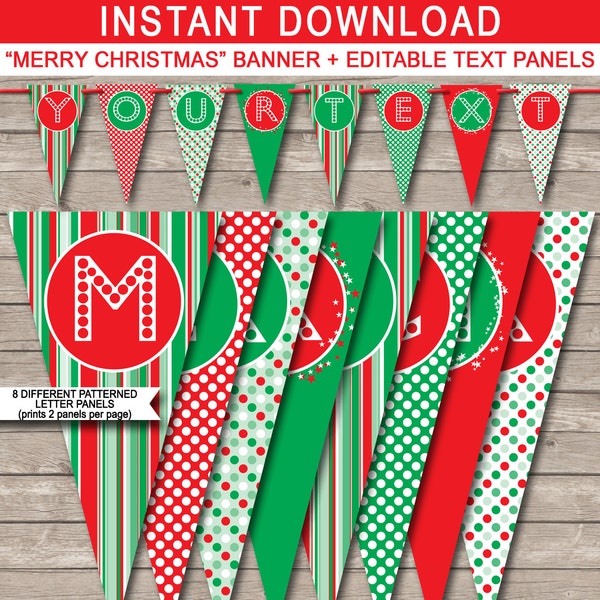 Christmas Banner Template - Printable Party Decorations - Custom Pennant Banner - INSTANT DOWNLOAD with EDITABLE text