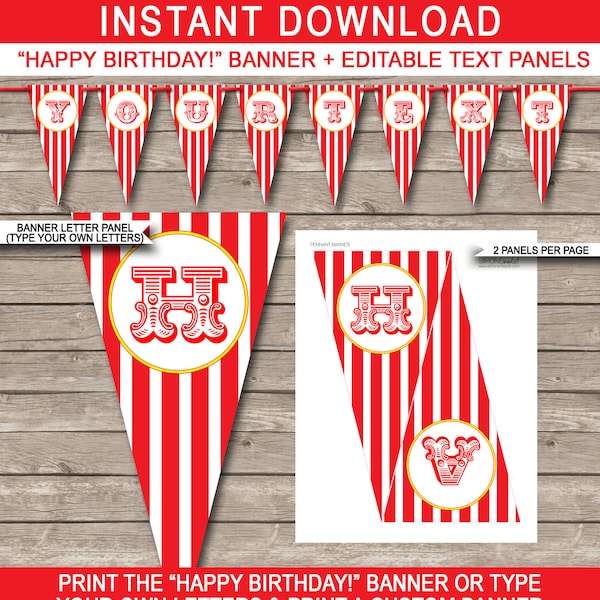 Carnival Party Banner Template - Circus Party - Happy Birthday or Custom Banner - Party Decorations - INSTANT DOWNLOAD with EDITABLE text