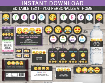 Emoji Party Template Bundle + Invitation - Printable Birthday Theme Decoration Package Pack Kit Set Collection - Girls Emojional DOWNLOAD