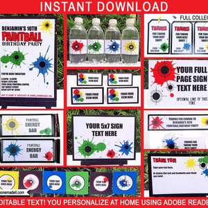 Paintball Party Templates + Invitation - Printable Paint Ball Theme Birthday Party Decorations - DIY EDITABLE TEXT
