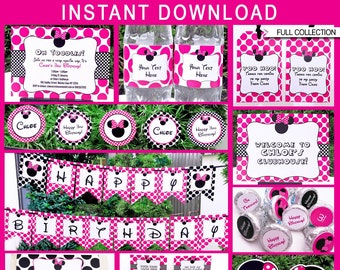 Minnie Maus Dekorationen & Einladung Vorlage Bundle - Druckbare Geburtstag Party Thema Dekorationen - DIY EDITIERBARER TEXT