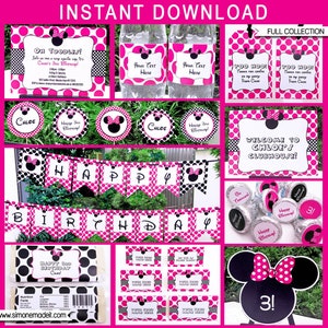 Minnie Mouse Decorations & Invitation Template Bundle - Printable Birthday Party Theme Decorations - DIY EDITABLE TEXT