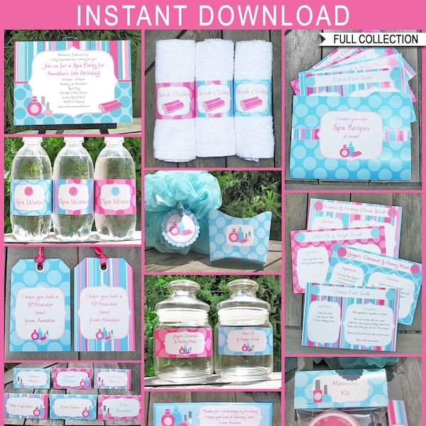 Spa Party Printable Decorations & Invitation Template Bundle - Birthday Theme Kit Set Pack Package - DIY INSTANT DOWNLOAD - Editable Text