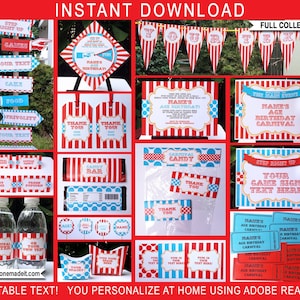 Red & Aqua Circus Birthday Party Invitations & Decorations - Printable Carnival Theme Package Set Bundle Pack Kit - Invitation, Favor Tags, Direction Arrow Signs, Fortune Teller, Food Labels, Water Bottle Labels - Admit One Tickets - INSTANT DOWNLOAD