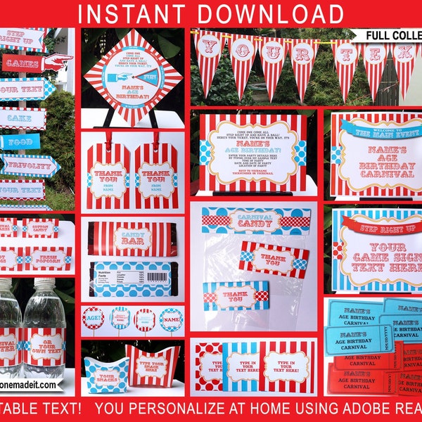 Circus Theme Party Decoration Template Bundle + Invitation - Printable Carnival Birthday Package Set Pack Kit Collection - EDITABLE DOWNLOAD