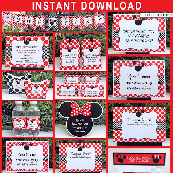 Red Minnie Mouse Printable Decorations & Invitation Template Bundle - Birthday Party Theme - INSTANT DOWNLOAD - EDITABLE text