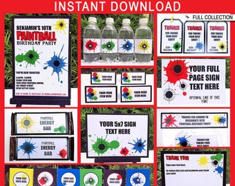 May include: Printable digital download for a paintball birthday party. The set includes a full page sign, a 5x7 sign, a thank you sign, water bottle labels, energy bar wrappers, and favour tags. The design features a red, blue, green, and yellow colour scheme with a target and paint splatters.