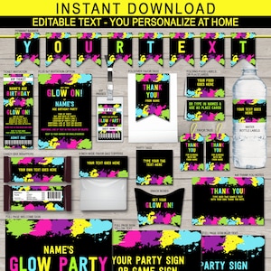 Glow Theme Party Decoration Template Bundle + Invitation - Printable Neon Birthday Package Pack Set Collection Kit - EDITABLE TEXT DOWNLOAD