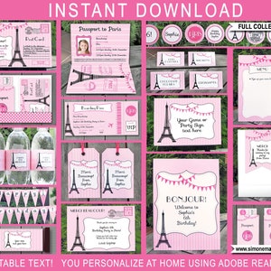 Modelos de festa temática de Paris com convite - pacote de decoração de aniversário para meninas imprimível conjunto de kit coleção - TEXTO EDITÁVEL DIY