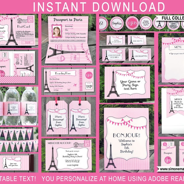 Modèles de fête à thème de Paris avec invitation - décoration d'anniversaire de filles imprimable Bundle Pack kit collection - TEXTE MODIFIABLE DIY