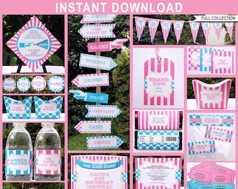 Pink Carnival Party Templates: Editable Birthday Decoration Bundle (Digital Download)