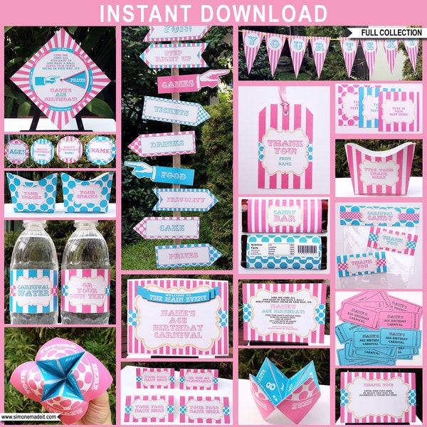 Pink Circus Party Templates with Invitations - Printable Carnival Decoration Bundle Package Pack Set Collection Kit - EDITABLE TEXT DOWNLOAD