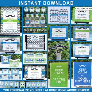 Mustache Party Decorations & Invitation Template Bundle full Package Pack Set Kit Collection INSTANT DOWNLOAD with EDITABLE text image 1