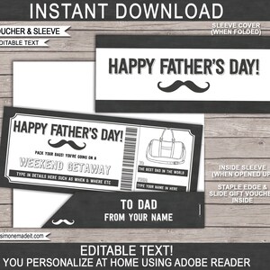 Plantilla de cupón de escapada de fin de semana - Vale de regalo imprimible del Día del Padre para papá - TEXTO EDITABLE DIY