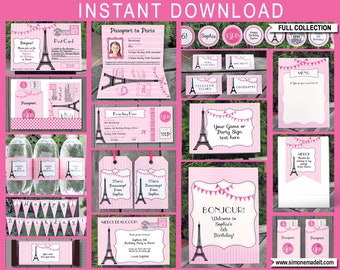 Paris Theme Party Templates with Invitation - Printable Girls Birthday Decoration Bundle Pack Package Set Kit Collection - DIY EDITABLE TEXT