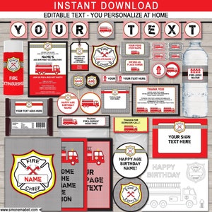 Fireman Party Decorations Invitation Printable Template Bundle - Firetruck Package Pack Set Kit Collection - INSTANT DOWNLOAD text EDITABLE
