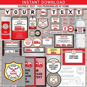 Fireman Party Decorations Invitation Printable Template Bundle Firetruck Package Pack Set Kit Collection INSTANT DOWNLOAD text EDITABLE image 1