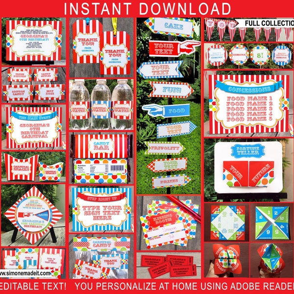 Carnival Theme Party Invitations & Decorations - Printable Package Set Bundle Pack Kit - INSTANT DOWNLOAD text EDITABLE - you personalize