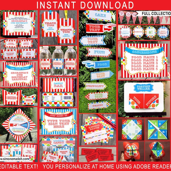 Karneval Party Dekorationen, Einladungen & Printables - Zirkus Thema Vorlage - Kit Bundle Set Pack Paket - INSTANT DOWNLOAD Text EDITIERBAR